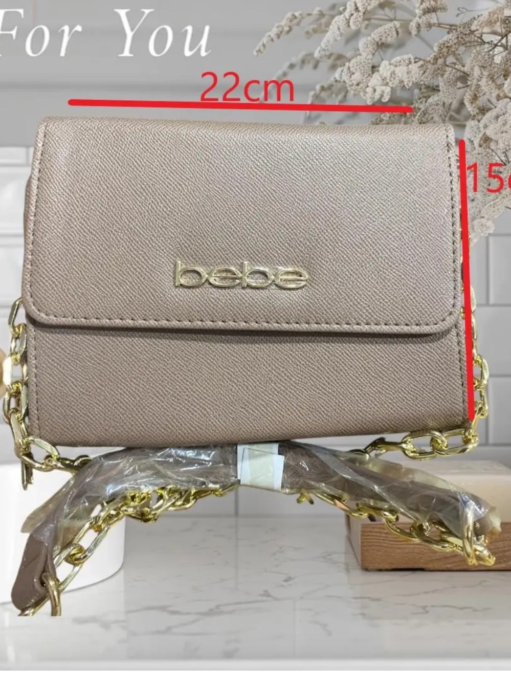 bebe Taupe Crossbody Bag with Gold Chain